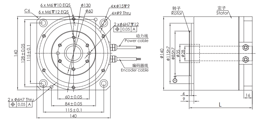 OD 140mm series Housed Direct Drive Torque Motors drawing