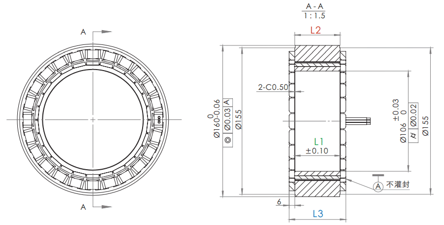 OD 130mm series Frameless Direct Drive Torque Motors drawing