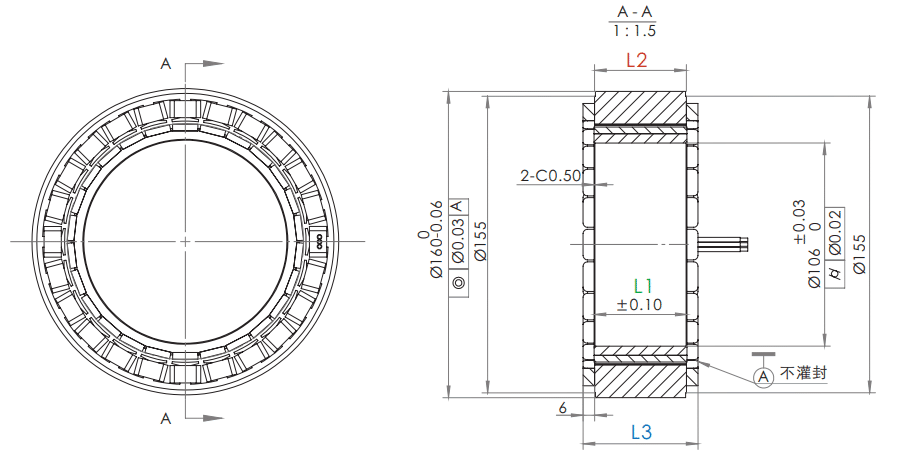 OD 160mm series Frameless Direct Drive Torque Motors drawing