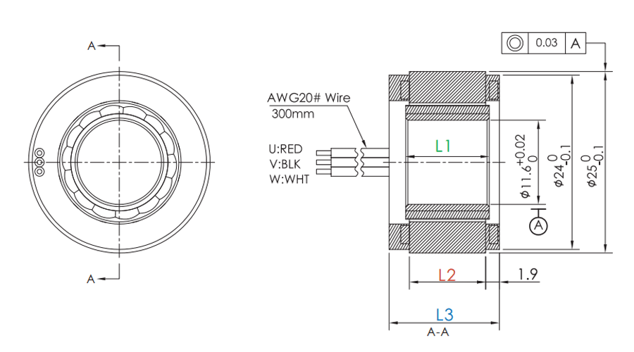 OD 25mm series Frameless Direct Drive Torque Motors drawing