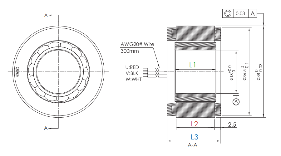 OD 38mm series Frameless Direct Drive Torque Motors drawing