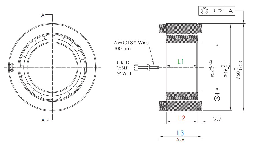 OD 50mm series Frameless Direct Drive Torque Motors drawing