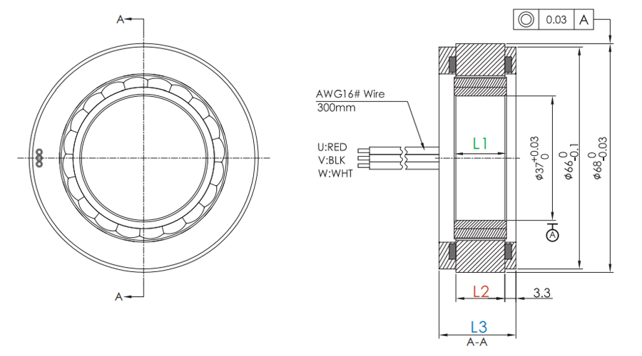 OD 68mm series Frameless Direct Drive Torque Motors drawing