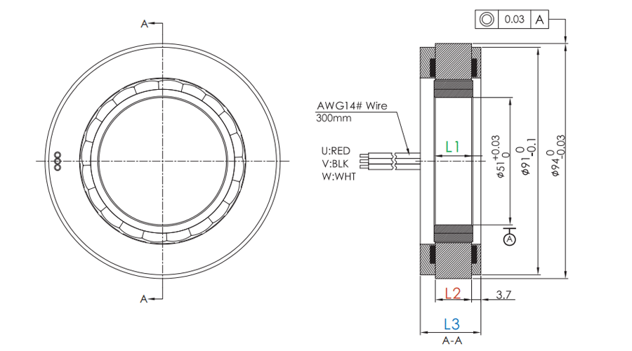 OD 94mm series Frameless Direct Drive Torque Motors drawing